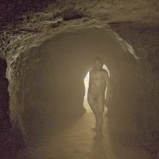 Image similar to photo inside a cavern of a humanoid partially hidden in the shadows with wet lizard skin and a mouth with sharp tooth and black eyes