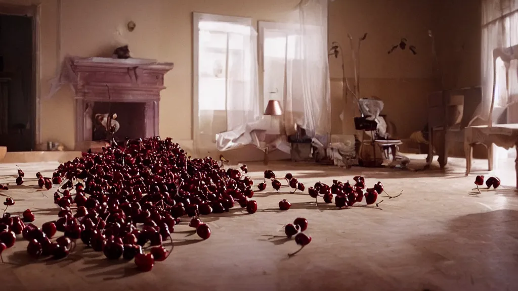 Prompt: Cherries exploding into smaller cherries in a living room, film still from the movie directed by Denis Villeneuve with art direction by Salvador Dalí, wide lens