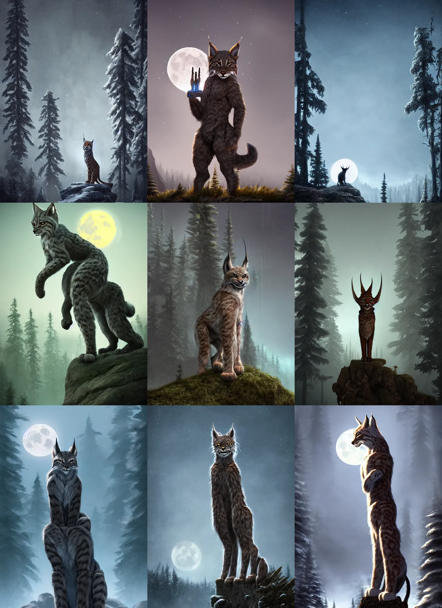 Prompt: anthropomorphic lynx standing tall, night, spruce trees on the sides, mountains in the background, eerie dark atmosphere, moonlit, back light, fantasy movie, fantasy matte painting, trending on artstation