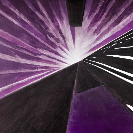 Prompt: a dark matter of purple sky with a black sun falls to the ground and breaks into fragments, metallic bridge, futurism, schizophrenia, hyperrealistic fall