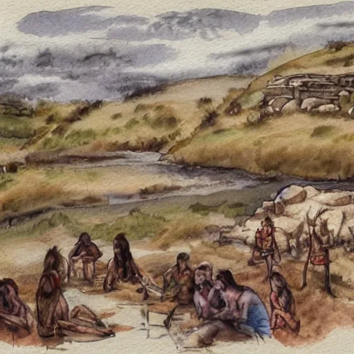 Image similar to watercolor concept sketch of a neolithic tribe living near a riverbank in neolithic england