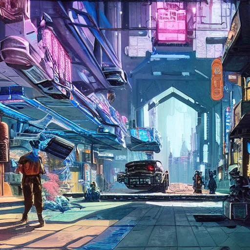 Prompt: detailed painting of a cyberpunk street with a fish tank, celestial ephemeral ornaments and hr giger architecture, artstation, syd mead, cinematic