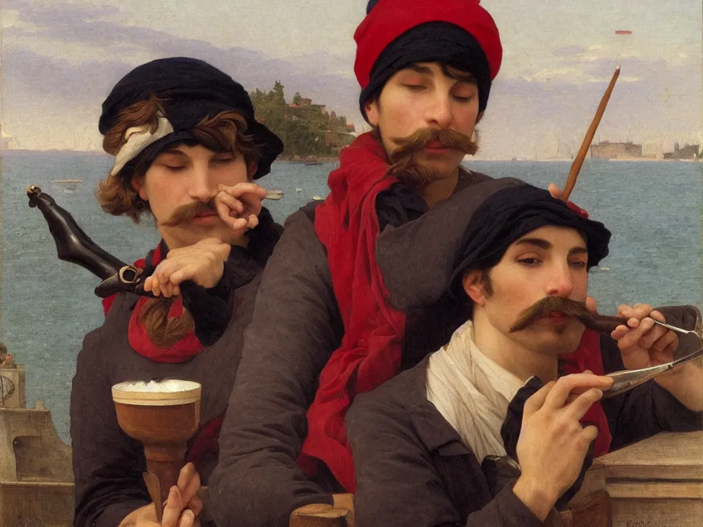 Image similar to a young french sailor with a mustache and a red beanie hat is smoking a pipe in his boat, by bouguereau and by botticelli