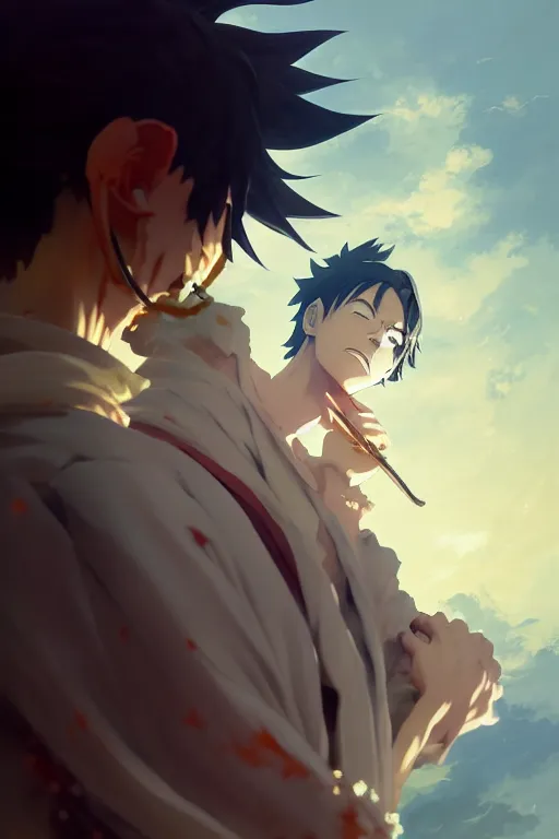 Image similar to baroque oil painting full body portrait character concept art, anime key visual of luffy studio lit directed gaze, trending on pixiv fanbox, painted by greg rutkowski makoto shinkai takashi takeuchi studio ghibli