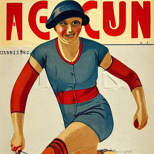 Image similar to a 1 9 2 8 cover of a german magazine. happy, healthy, beautiful, smiling, young, sporty, glowing woman in decent athletic wear. realistic detailed color drawing