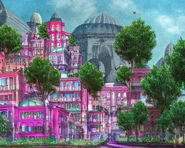 Image similar to turkey! - hungary! khaganate in 2 0 3 3 year, with futuristic! buildings, with pink! and green! trees around buildings, highly detailed digital art