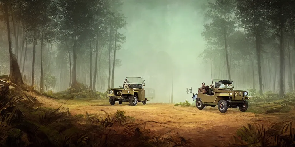 Prompt: british officers riding willys jeep, in kerala forest road in 1921, chasing a culprit, action scene, an epic fantasy, dramatic lighting, cinematic, establishing shot, extremely high detail, photorealistic, cinematic lighting, matte painting, artstation, by simon stalenhag, horizon forbideen west