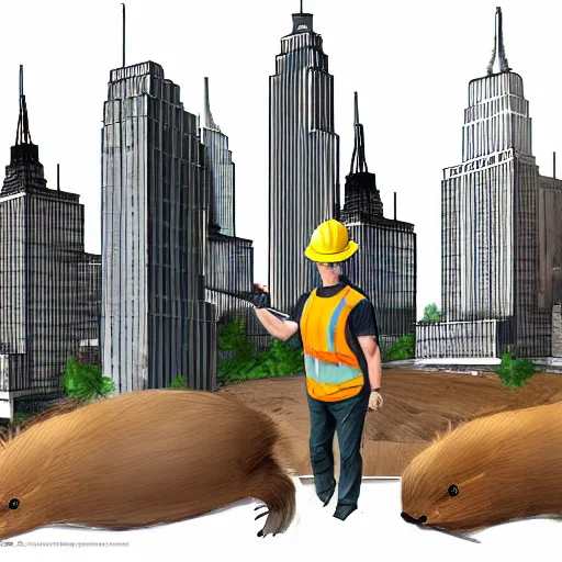 Image similar to digital concept art beavers as construction builders that building empire state building from sticks