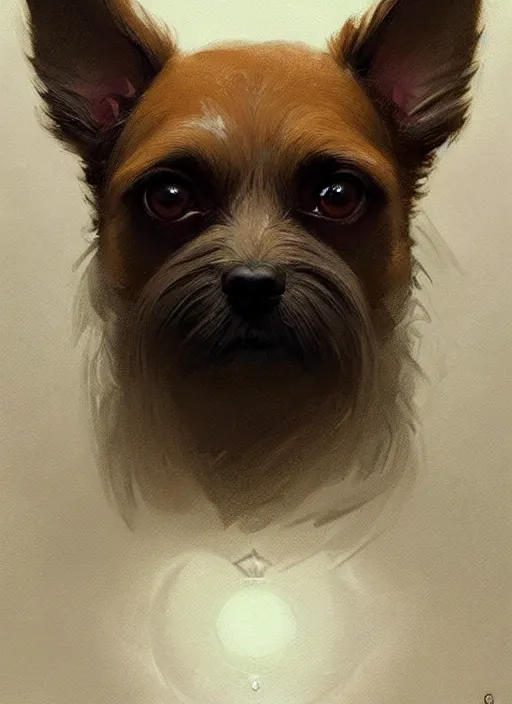 Image similar to symmetry!! portrait of a small cute dog, dnd, intricate, elegant, highly detailed, digital painting, artstation, concept art, smooth, sharp focus, illustration, art by artgerm and greg rutkowski and alphonse mucha