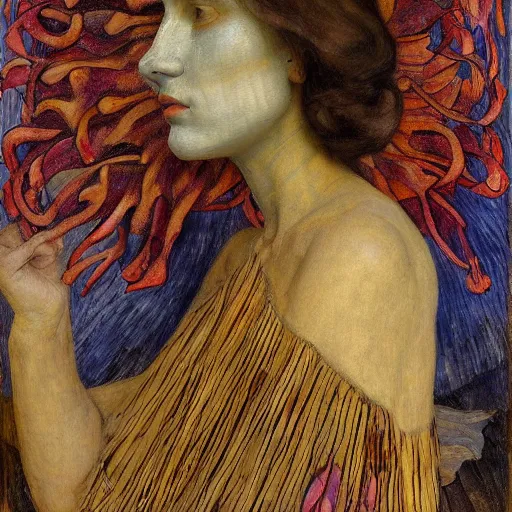 Image similar to painting of a facemask made of flowers, by annie swynnerton and jean delville and edward hopper and evelyn de morgan and rufino tamayo, art deco flower shaman, art brut, outsider art, symbolist, dramatic lighting, god rays, elaborate geometric ornament, clean crisp graphics, smooth sharp focus, extremely detailed, adolf wolfli