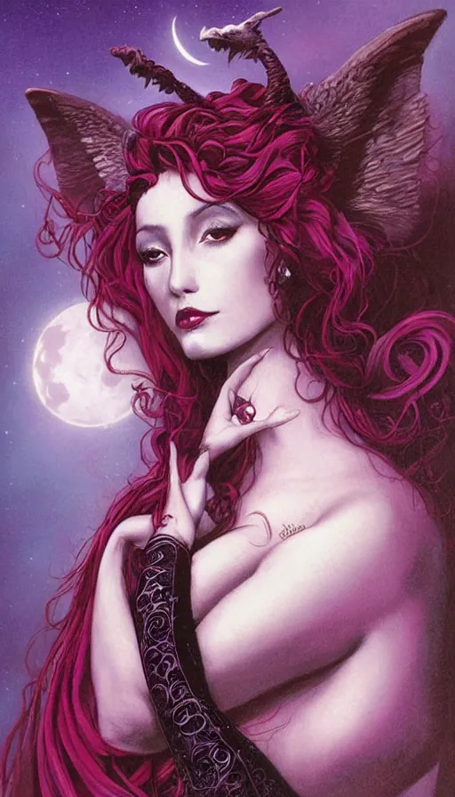 Image similar to portrait of princess of the dreamlands and moon beast, beautiful! coherent! by brom, deep colors, red maroon purple pink black, strong lines, rule of thirds