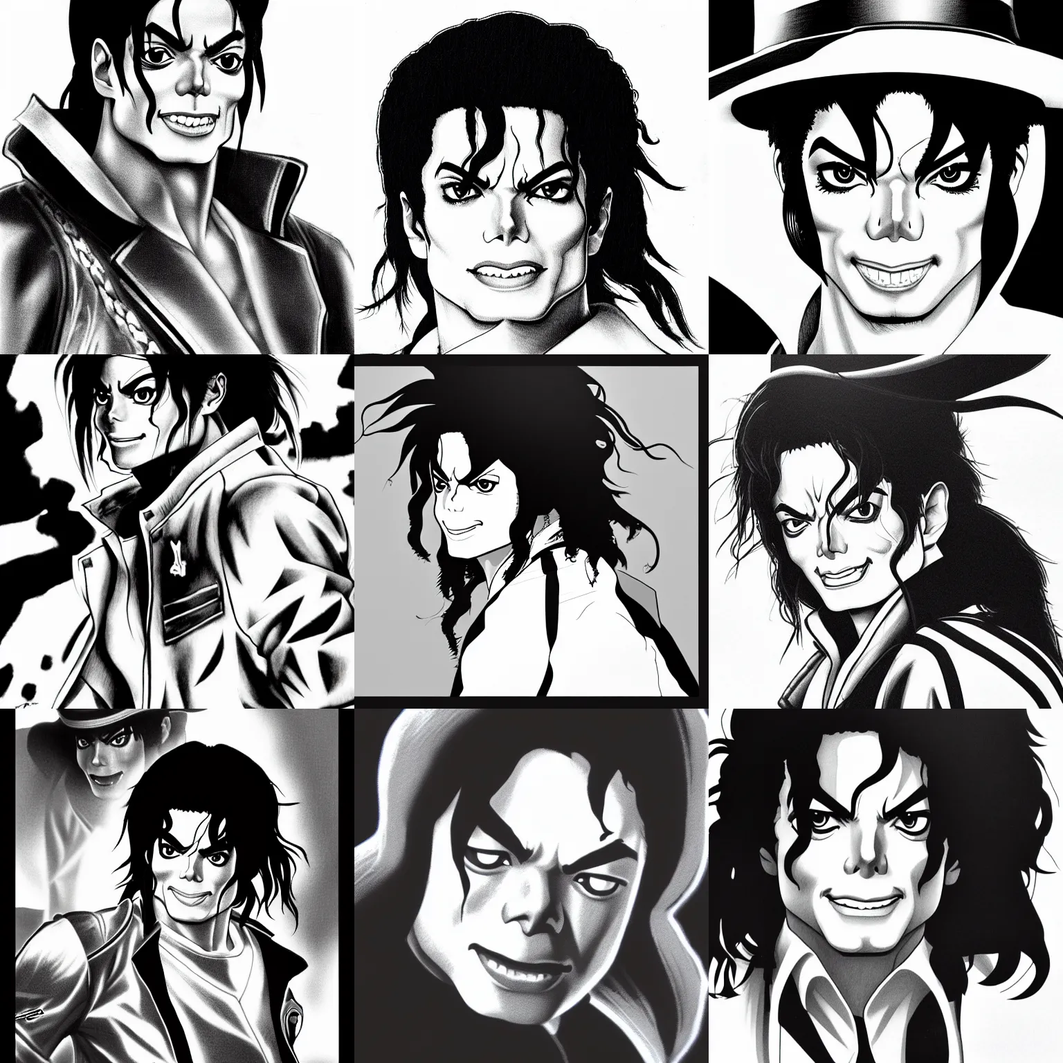 Prompt: A close up of michael jackson in street fighter 2 anime, illustrated, by toei, anime lineart cel shaded pencil grayscale concept art on artstation