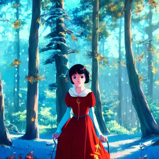 Image similar to portrait of snow white, forest background, rich vivid colors, ambient lighting, dynamic lighting, 4k, HQ, official media, anime key visual, makoto shinkai, ilya kuvshinov, lois van baarle, rossdraws, detailed, trending on artstation