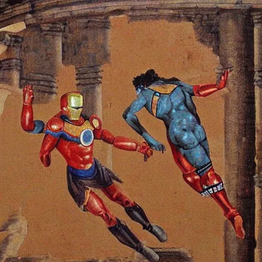 Prompt: hellenistic greece painting of ironman flying across the coliseum