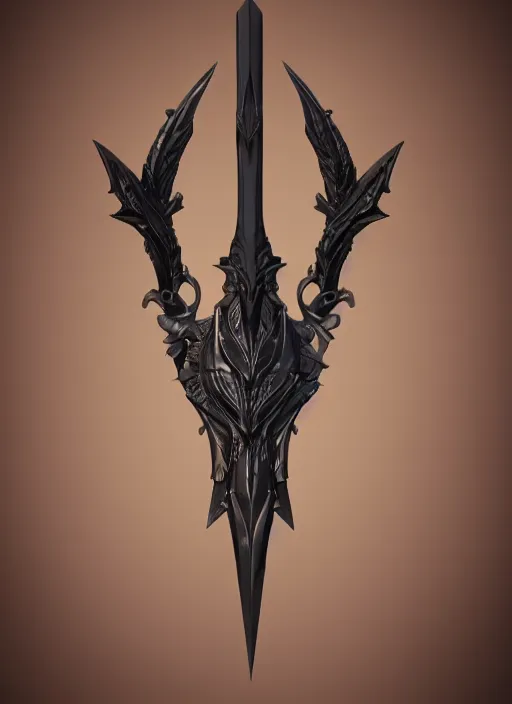 Image similar to a black long sword skull crest, orthographic, ornament, weapon, a 3 d render by dom qwek, front side full, trending on polycount, artstation, hard surface modeling, rendered in maya, zbrush, blender, hd, vray, berserk first person view, symmetry