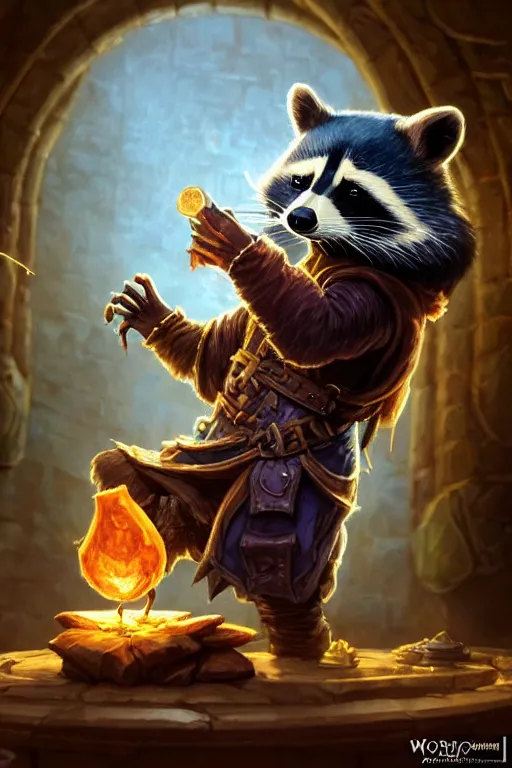 Image similar to closeup 3 5 mm anthropomorphic sorcerer raccoon casting a spell in a castle, d & d, fantasy, intricate, action pose, particle effects, highly detailed, digital painting, artstation, concept art, matte, sharp focus, volumetric lighting, illustration, hearthstone, art by artgerm, wlop, greg rutkowski and alphonse mucha