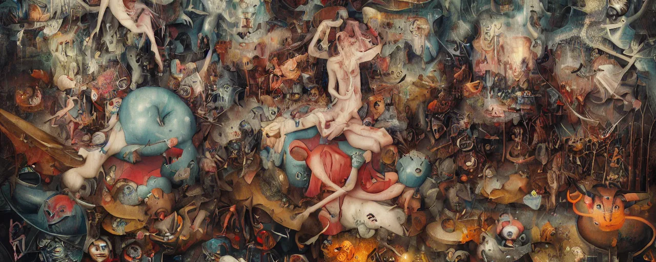 Image similar to LSD Nightmare Trip by Hieronymus Bosch and James Jean, Ross Tran, HD, hypermaximalist, 8k, surreal oil painting, highly detailed, dream like, masterpiece