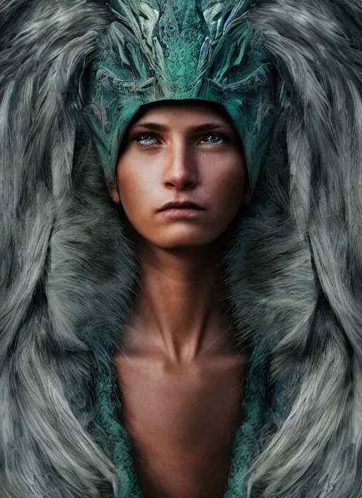 Image similar to closeup portrait of a human dragon hybrid, depth of field, zeiss lens, detailed, symmetrical, centered, fashion photoshoot, by Annie Leibovitz and Steve McCurry, David Lazar, Jimmy Nelsson, Breathtaking, 8k resolution, extremely detailed, beautiful, establishing shot, artistic, hyperrealistic, beautiful face, octane render