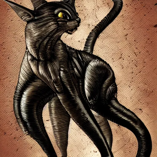 Image similar to a cat styled like a xenomorph, metallic texture, dark, high contrast lighting, Giger