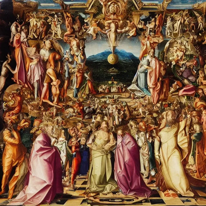 Prompt: the cosmic event at which the unity and the trinity ruptured, creating the false christian god, 16th century painting, unreal engine