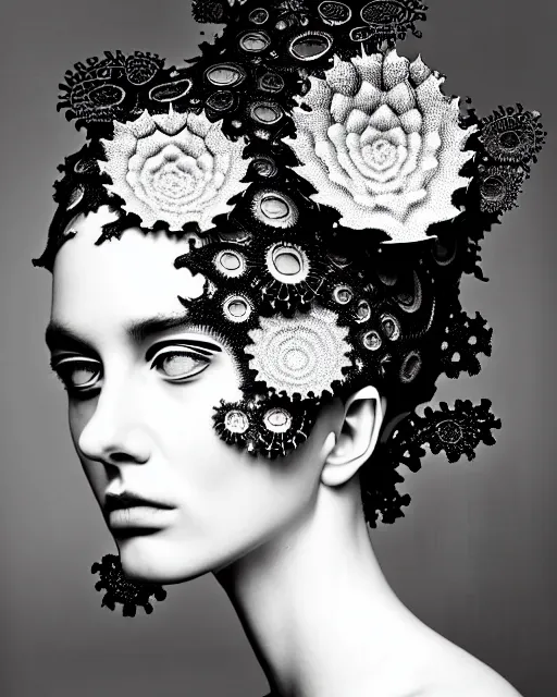 Prompt: surreal black and white photo portrait of complex bio-mechanical beautiful young female vegetal-cyborg with a Mandelbrot fractal metal fine lace face, silver hair, 150 mm lens, soft rim light, fine metal floral foliage super big lace collar by Alexander McQueen, high fashion, haute couture, rococo, steampunk, silver filigree details, anatomical, facial muscles, cable wires, microchip, elegant, hyper realistic, octane render, unreal engine, in the style Dora Maar, volumetric lighting, 8k,