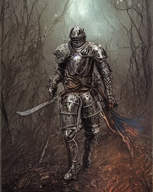 Image similar to a hyper realistic painting of a knight in armor made out of rotting metal, pale colors, fog, dark fantasy, cinematic lighting, nighttime, by rebecca guay