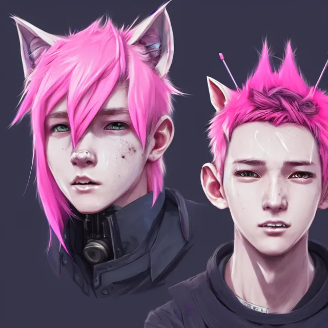 Prompt: character concept art of a cyberpunk boy with pink hair and pink wolf ears and freckles | | cute - fine - face, pretty face, key visual, realistic shaded perfect face, fine details by stanley artgerm lau, wlop, rossdraws, james jean, andrei riabovitchev, marc simonetti, and sakimichan, trending on artstation