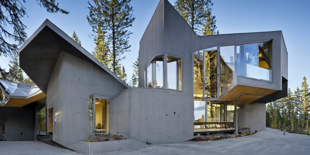 Image similar to large futuristic residence, pacific northwest, gray concrete, large windows, angular features, incorporating metal