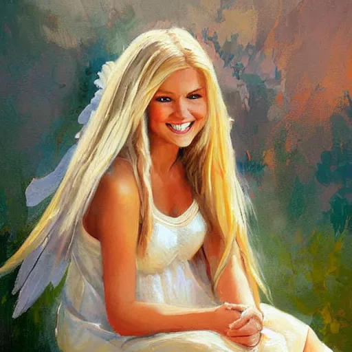 Image similar to a painting of an angel, a young woman with long blond hair and a halo smiling in heaven, steve henderson