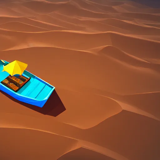 Prompt: boat in the dessert filled with coin and jewl collectables, game concept, low poly, horizontal view perspective