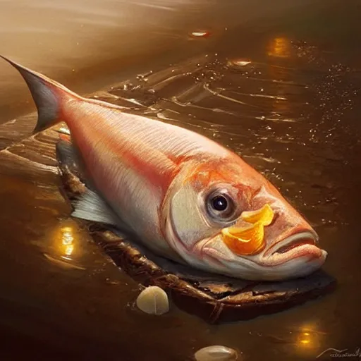 Image similar to a fish laying on top of a chocolate bar. soft, atmospheric, warm lighting. highly detailed digital painting by mandy jurgens.