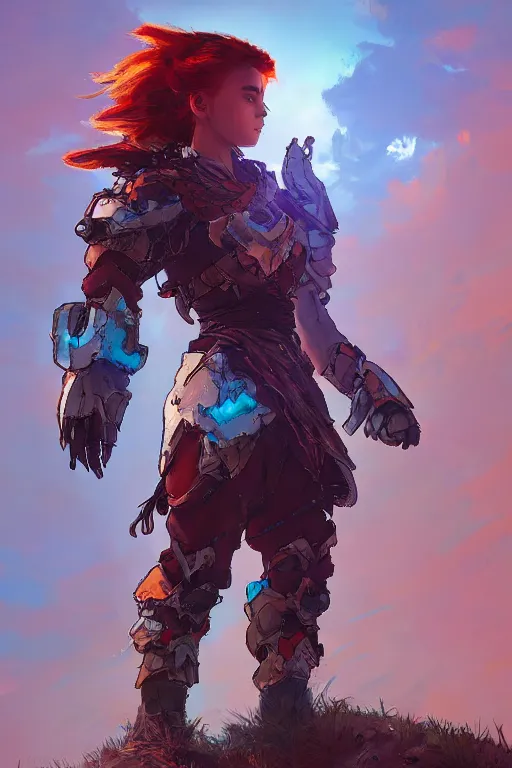 Image similar to combination suit armor aloy horizon forbidden west horizon zero dawn radiating a glowing aura global illumination ray tracing hdr fanart arstation by ian pesty and alena aenami artworks in 4 k tribal robot ninja mask helmet backpack