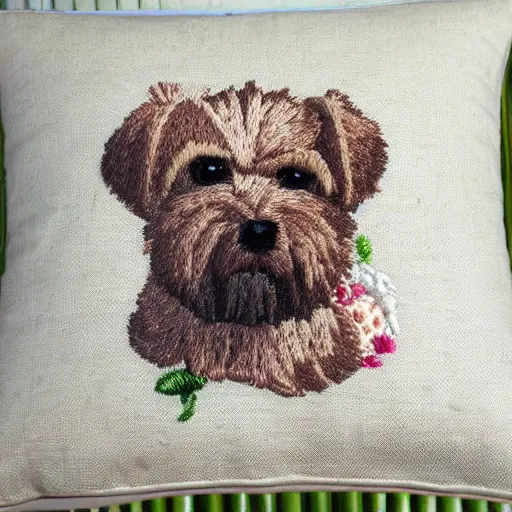 Image similar to maltese terrier embroidered on pillow, photo, realistic