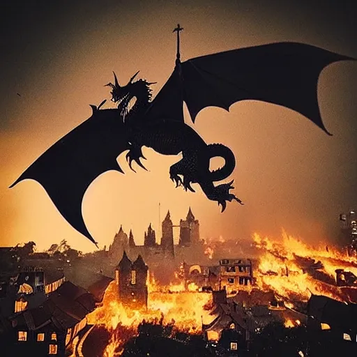 Prompt: “A black dragon flying over a burning medieval city”