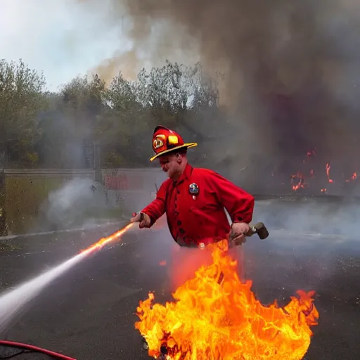 Image similar to a clown wearing firefighter clothes, using a flamethrower on a dumpster fire