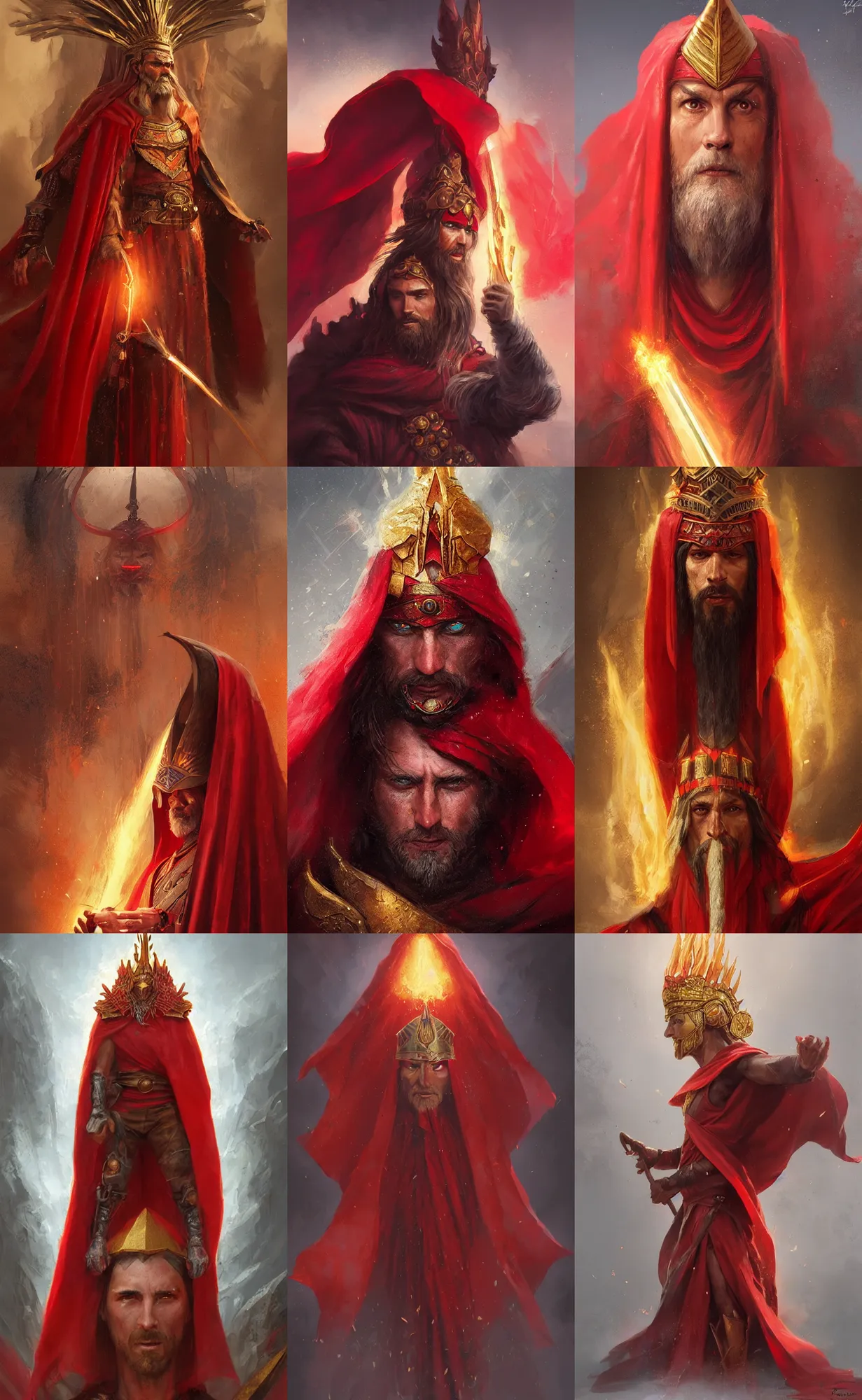 Prompt: ancient fire wizard with red cape and golden horn headdress, portrait, highly detailed, digital painting, artstation, concept art, sharp focus, illustration, art by aleksi briclot and greg rutkowski and raphael lacoste and magali villeneuve