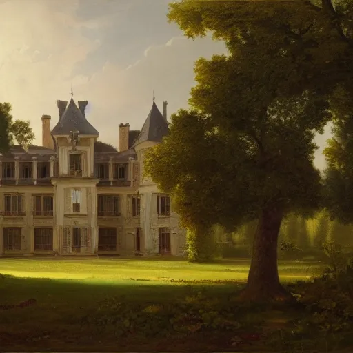 Image similar to a large serene beautiful matte painting of a delapitaded quaint french country castle covered in a state of disrepair in vines, by asher brown durand and george ault featured on artstation