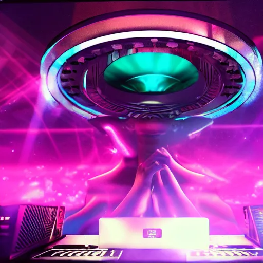 Image similar to hologram dj club stage from the future. alien dj turntables. gigantic speakers with lasers and lights. octane render 4k