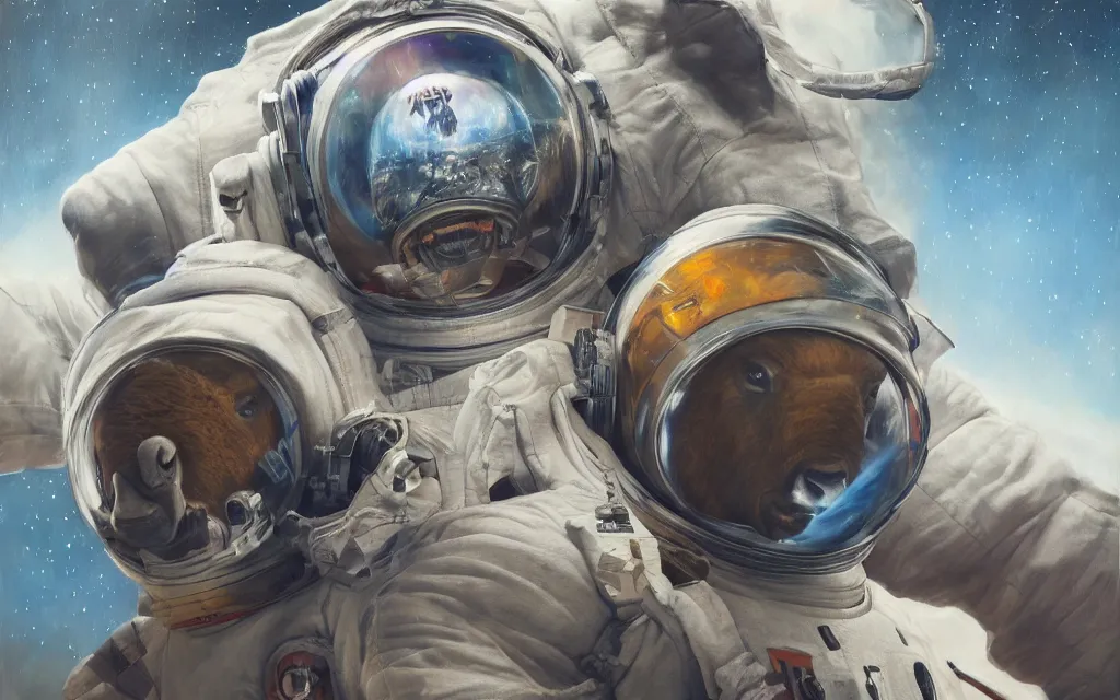 Prompt: bison in astronaut suit floating in deep space, oil on canvas, intricate, portrait, 8 k highly professionally detailed, hdr, cgsociety, sharp focus, artstation, vibrant, cinematic