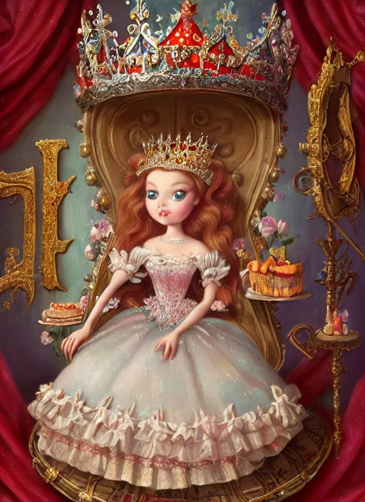 Image similar to highly detailed closeup, portrait of a tin toy fairytale princess wearing a crown and sitting on a throne eating cakes, unreal engine, nicoletta ceccoli, mark ryden, earl norem, lostfish, global illumination, detailed and intricate environment