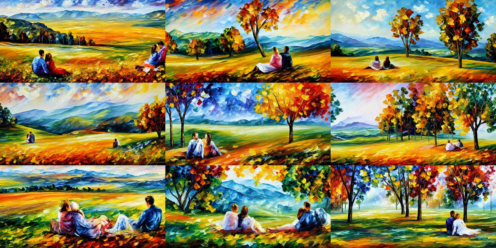 Prompt: a couple sitting on the ground, in a field, over - looking a valley. palette knife oil painting on canvas by leonid afremov.