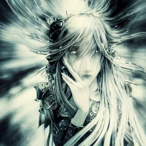 Image similar to Yoshitaka Amano blurred and dreamy illustration of an anime girl with pirate eye patch, wavy white hair and cracks on her face wearing Elden ring armour with the cape fluttering in the wind, abstract black and white patterns on the background, noisy film grain effect, highly detailed, Renaissance oil painting, weird portrait angle