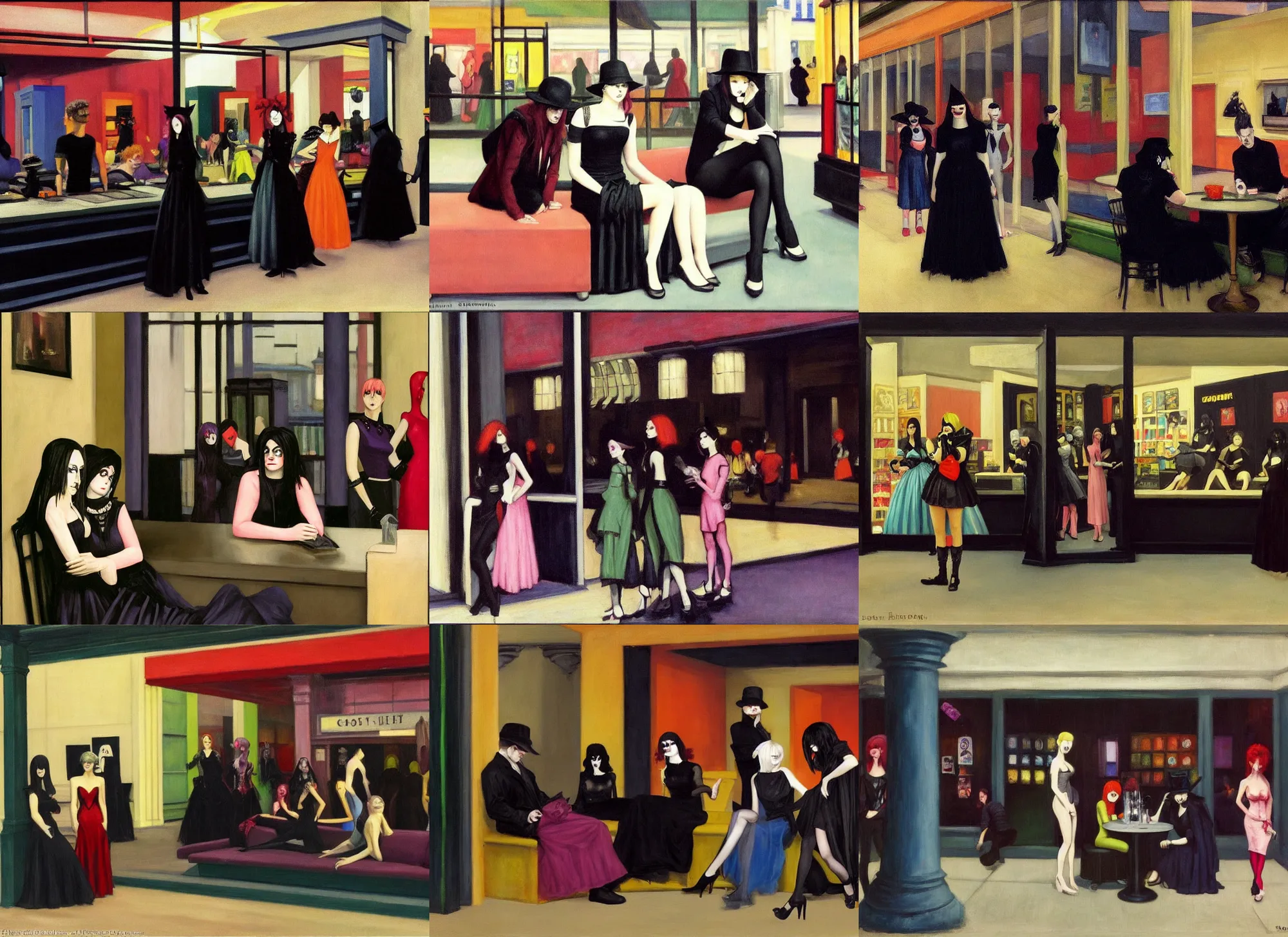 Prompt: Some goths hanging out at a Hot Topic store in the mall, painted by Edward Hopper