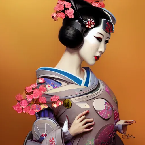 Image similar to An adorable whimsical cybernetic geisha wearing geisha clothing, highly detailed, digital painting, artstation, concept art, smooth, sharp focus, studio light, by Phil and Kaja Foglio,