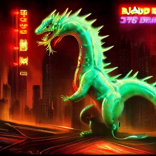 Image similar to blade runner style image of a baby cyberpunk dragon