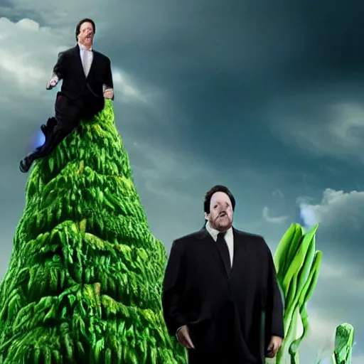 Prompt: Jon Favreau as Happy Hogan wearing a black suit and black necktie climbing a green beanstalk high in the sky of clouds