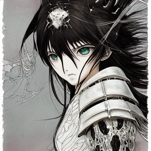 Image similar to yoshitaka amano realistic illustration of an anime girl with black eyes, wavy white hair fluttering in the wind and cracks on her face wearing elden ring armor with engraving, abstract black and white patterns on the background, noisy film grain effect, highly detailed, renaissance oil painting, weird portrait angle, three quarter view, head turned to the side