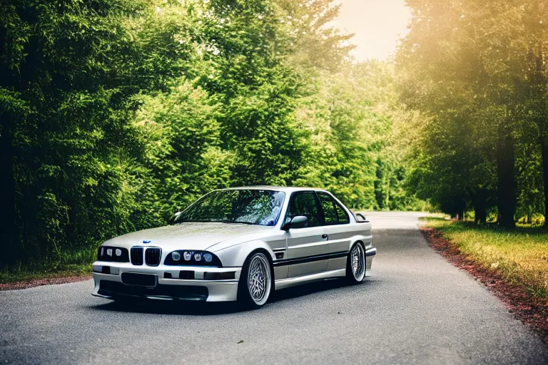 Image similar to A BMW e36 parked in a road with trees, summer season, Epic photography, taken with a Canon DSLR camera, 50 mm, depth of field