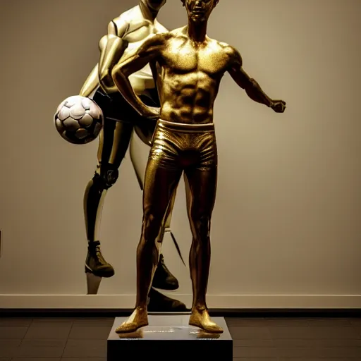 Image similar to a realistic detailed photo of a guy who is an attractive humanoid who is half robot and half humanoid, who is a male android, soccer players martin ødegaard, shiny skin, posing like a statue, blank stare, in a museum, on display, showing off his muscles, gold soccer shorts, ground view, porcelain statue