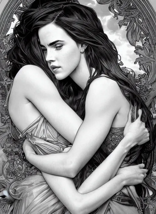 Image similar to megan fox kissing emma watson. beautiful detailed face. by artgerm and greg rutkowski and alphonse mucha